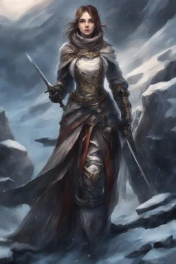 A female cleric dressed for the cold with a sword.