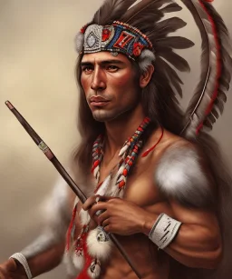 Guaicaipuro, native american, Muscular warrior, three red feathers headband, holding spear