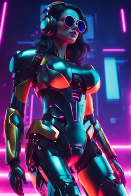 Beautiful woman robotic fullybody ,headphone with sunglasses colorsfull ,background neon light