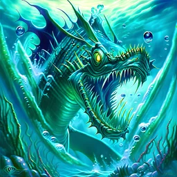 90's TCG retro fantasy art of a sea monster under the water