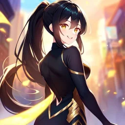 girl, masterpiece, best quality, volumetric lighting, detailed outfit, perfect eyes, black hair, golden eyes, long hair, laughing, ponytail, looking back, black stockings,