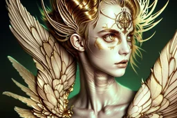 white background, golden Angel, tattoo, feathers, steampunk, fantasy, old canvas, torn cracks, flowers, cyberpunk, gold, silver, green lilac color, mystical, glow, golden makeup, fine drawing, high detail, high resolution, 8K, 3D, Daniel Castan Carne Griffiths Andreas Lee Russ Mills