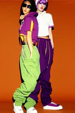 year 1999 women fashion, Techno, rave, Loose, baggy, low waist Combat pants, t-shirt, new kind of hoodie with high tippet! Colors: all denim colors, purple, khaki, light green, lilac, plum, orange, terracotta, red, pink, dark blue, beige. Patterns: lynx, balls, stripes. lynx belt. starling or owl prints. Women models. Sharon Stone, Sandra Bullock, Winona Ryder, Milla Jovovich, Big tennis shoes on. Latex, denim and leather e.g. in Leg warmers.