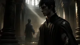 /Imagine Prompt: Realistic, Character: [A great, dimly lit edifice, where the Master of the League of Shadows who resembles Ra's al Ghul from Batman Begins, covered in shadows, extends his hand towards the young man standing before him with a mixture of curiosity and fear. There is an aura of mystery and power surrounding the scene] Unreal Engine, very realistic --q 2 --v 5.2 --ar 16:9