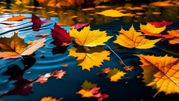 Colorful fall leaves in pond lake water, floating autumn leaf. Fall season leaves in rain puddle. Sunny autumn day foliage. October weather, november nature background. digital ai