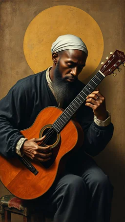 Hieronymus Bosch style , an black man playing the acoustic guitar