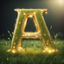 the letter A, 3d letter design, made of highly shiny gold metallic finish, glowing lights, kept on natural grass, highly realistic