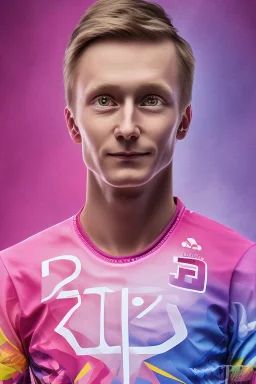 Portrait of Matti Nykänen skijumping. colorful. pink.