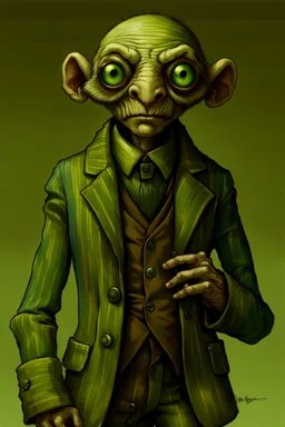 Artist Jean-Baptiste Monge style. A old biomorph male humanoid with Ant face. Bright eyes. A green and blue striped outfit. Modifiers: Tim Burton Craig Rutkowski