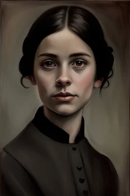 Young Emily Dickinson portraiture by Wolfgang Alt, oil on canvas, Fine Art, Realism, Conceptual, Figurative. Dark color palette, high quality,