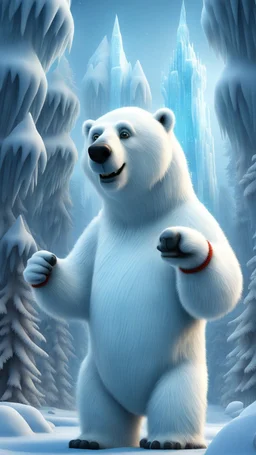 polar bear clown angel pointing fingers in frozen artic jungle with weird alien towers, in the style of Pixar, expertly crafted in a whimsical and vibrant cartoon style. is masterfully rendered in a lifelike 3D design, which captivates viewers with there irresistible charm.