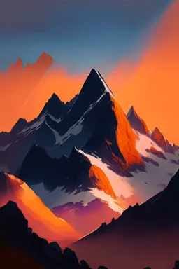 basic paint of big rock mountains with and orange dawn sky with no clouds close montains