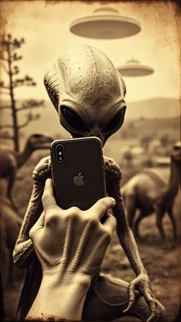 An old picture style of brown and white and very bad quality old camera with cracks of an Alien holding an IPhone the year 1900 in the background from a distance ufo starship landed surrounded with dinosaurs