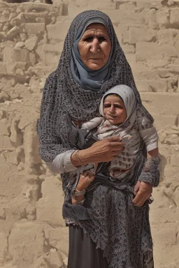 Palestinian old woman wears the keffiyeh , Carrying a small girl ,at summer , Destroyed Buildings , with a Explosions, at night