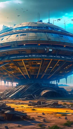 post-apocalyptic, ufo spaceship , it buried and shattered metal around it