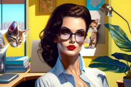 kitten brunette woman secret agent joker in an office in sunshine, very detailed, oil painting