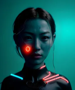 Ultra realistic photographic night portrait, cinematic, <Asian woman> many wires coming out of the head <perfect pupil> <cyborg arm> <garage> <wide angle Shot> <retro futuristic> <thriller>, neon lights, color fog, soft color, highly detailed, unreal engine 5, ray tracing, RTX, lumen lighting, ultra detail, volumetric lighting, high definition.