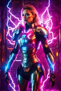 photography super model Russian Beautiful woman dressing futuristic iron man armor, colors lighting, extreme neons colors lightning, surrounded by colors electricity