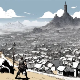 [wii No More Heroes style with thick lines] When the last huddled village fell behind him, Conan left the road, which was beginning to bend toward the northwest, toward the distant passes. To keep to the road would mean to pass by border towers, still garrisoned with armed men who would not allow him to pass unquestioned.
