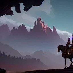  mountains with medieval knight traveling on a horse in the background