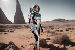 photo of a Sci-fi woman, wearing a silver and black spacesuit looking like an android, no helmet, on an alien planet