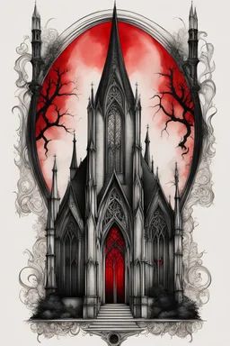 Create a captivating modern 2d black and red ink tattoo design for print , prestigious Gothic Church using the elegant influences of Gothic art style, for print, dynamic elements from fashion and design, and bold Gothic art aesthetics, framing centered in the center, distanced from the edges of the paper perimeter, perfect anatomy, bauhaus, Divine Proportion,