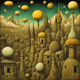 Surreal key-shaped cityscape of fractured reality of meandering rooftops, art deco spires and domes, looming bank of asymmetric puffy bruise-colored clouds splits the horizon, floating strange moons and astral projections in fractals, weird colors - yellow-black-olive green, hallucinatory surrealism, by Andy Kehoe, by Yves Tanguy, by Zdzislaw Beksinski, macabrely fascinating flowing sense of strange, artistic geodesic lines.