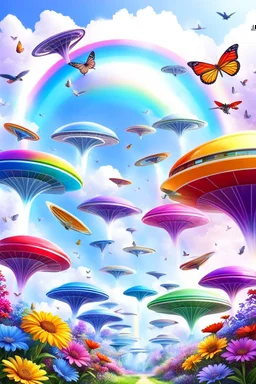 colors, very beautiful, flowers garden,rainbow, cité très futuriste ultra moderne, ufos rainbow, ufos fleet, intergalactic, birds, butterfly, cascades