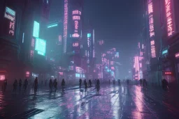 3D, beautiful, light reflecting, empty future city at night, rainy night, neon, cyberpunk, tron, robots walking, 8k, finely detailed, photo realistic