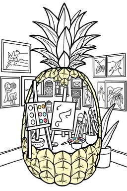 Pineapple Cozy Art Studio Coloring Page: A pineapple cross-section displaying an art studio. Features an easel, paint palettes, brushes, and artworks hung on the walls.