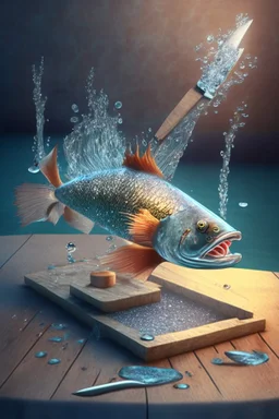 a 3d rendering of a beautifull genious fish with hands and fingers, down in the sparkly water, producing a wooden table and a big knife