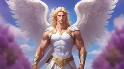 bel ange gardien, blond, yeux bleux, musclé, l'air très protecteur et gentil, de grandes ailes blanches et translucides dans le dos, sur un fond bleu ciel et mauve