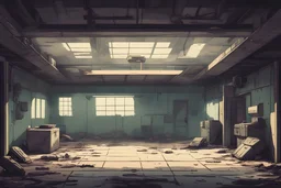 inside abandoned military base, retro 2D game, commercial movie poster 1970 style
