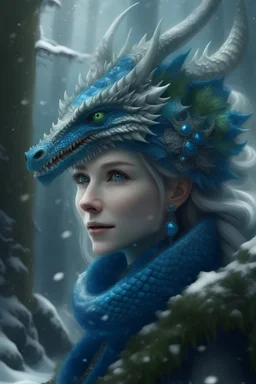 Portrait of Dragon Queen, wearing a green-blue dragon crown, decorated with crystals in mystery snowy forest, realistic details, looking forward