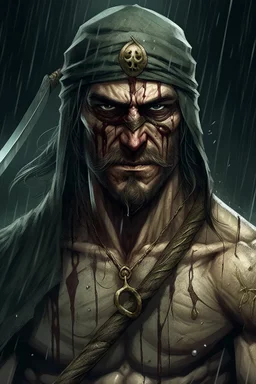 An incredibly muscular, Gypsy man. He is blind and wears a strip of cloth covering his eyes. He carries a single, massive broadsword. His face shows a look of grim determination as he crushes the skull of a vampire under his bootheel, rain pouring down on all sides.