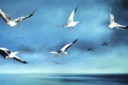 seagulls flying over the sea in the evening, oil painting deviant art wallpaper