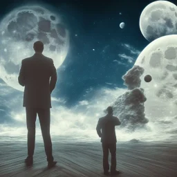 La lune en arrière plan. Un homme regarde la lune depuis un balcon. La mer. Il y a un tsunami.