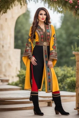 full body ,very beautiful lady in Azerbaijani short costume standing with long boots