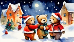 (one) merry little teddy bear Santa Claus ((giving presents )) to (multiple: 1.8) teddy bear cubs in a snowy winter town in the night, 1963, watercolor, (style of Gabriel Pacheco:1.3), semi-side view, magic winter vibe