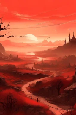 Landscape image of Luthadel from the mistborn series during daytime with an ashfall. In this world the sun is red.