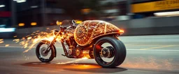 sparks blazing, seen from behind, tattoo style, motion blur, airbrush art, elon musk riding inside an awesome trike with three back wheels, spaceship in copper, fast one in the shape of a transparent snail , now its gonna do an awesome gig , bokeh like f/0.8, tilt-shift lens 8k, high detail, smooth render, down-light, unreal engine, prize winning