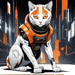 Ilustración cómic lineal de cat cyberpunk color blanco anaranjado y negro full body