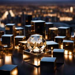 array of crystal dodecahedron and golden sphers, which reflects the modern city environment in modern city escape , transforms into array of crystal cubes.