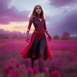 Feiticeira escarlate, Elizabeth Olsen, feiticeira, magia, bonita, cenário em um campo de flores, cinematográfico, dramático, por do sol, campo de flores, cores frias