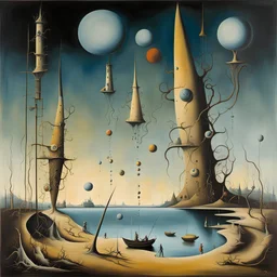 In deference to the number zero, surrealism, by Yves Tanguy and salvador Dali, by Rozi Demant, oil on canvas, long brush strokes, gestalt, darkly lit tableaux where figures mysteriously interact, magical realism peopled with idiosyncratic elements