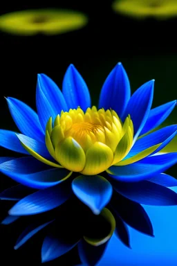 A blue lotus flower has fully bloomed, and the yellow shiny stamens can be seen. The lotus flower is crystal clear and floating on the dark blue lake.