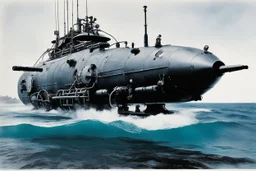 [high res photo by Jean-Paul Riopelle (1967)] Ultimate design for the heavily armed SCUBA scout, a submarine high impact vehicle. at the bottom of the deep ocean