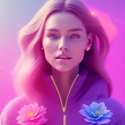 A full body portrait very beautiful woman ,smiling, longs hairs,elegant, atmospheric, realistic, cinematic lighting, pink blue light, 8k, galactic atmosphere, flowers