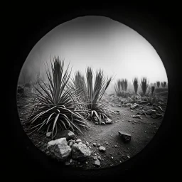 A striking quality Kodak close-up photograph captures a wasteland with groups of plants, creepy, details of the dust very accentuated, glossy, organic, adorned with minerals and rocks. Bathed in intense light, eerie, Max Ernst style, black sun, fog