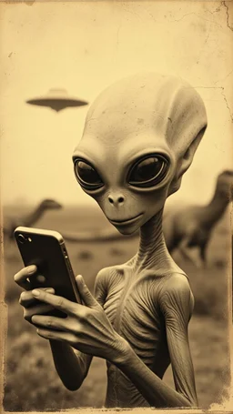 An old picture style of brown and white and very bad quality old camera with cracks of an Alien with no mouth or nose just a big eyes holding an IPhone the year 1900 in the background a dinosaur from a distance with small ufo starship